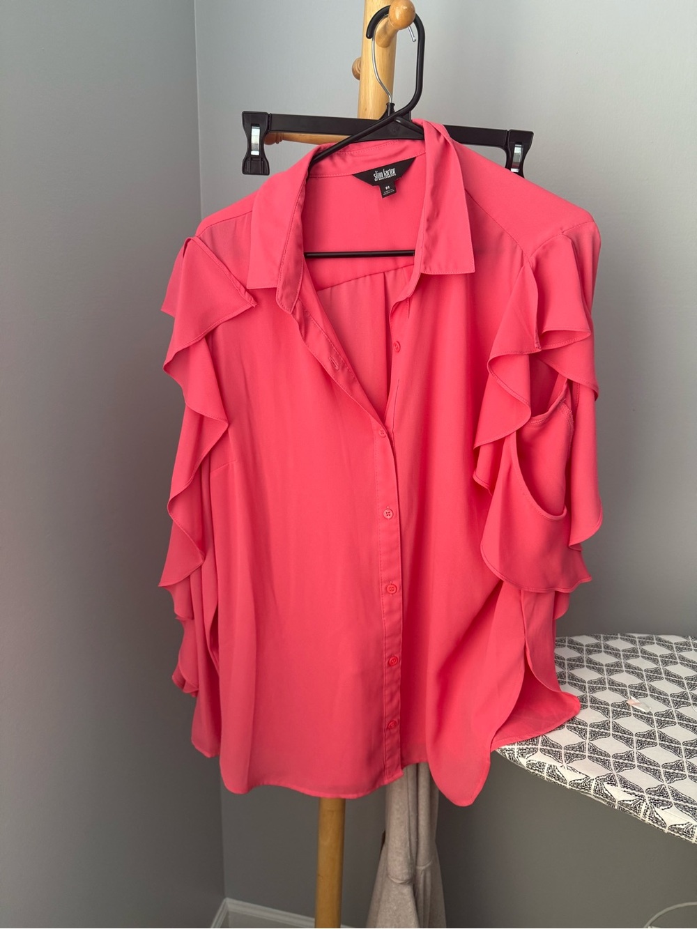 Coral Pink Ruffle Sleeve Button-Down Blouse